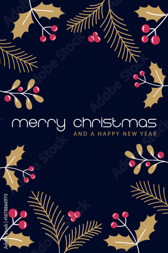 christmas greeting card with floral holly berry decoration vector illustration