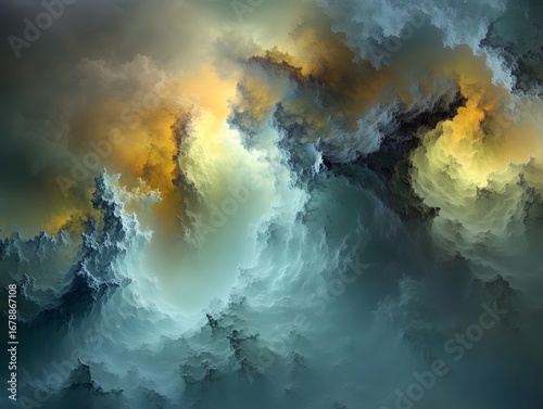 Wallpaper Mural Abstract Stormy Cloudscape,  Teal, Gold, and Grey Swirling Clouds Digital Art Torontodigital.ca