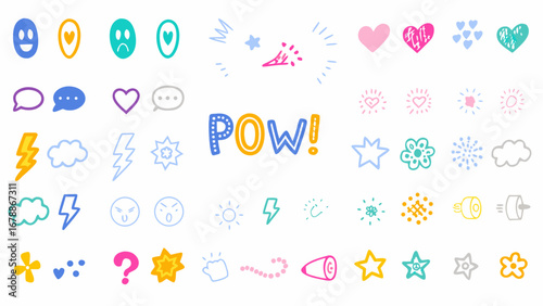 Illustration showcasing a variety of hand drawn icons including hearts, stars, clouds and speech bubbles