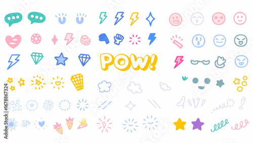 Illustration featuring speech bubbles, lightning bolts, diamonds, faces and pow word art