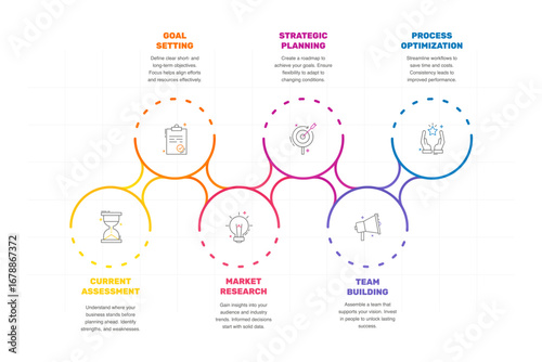 Vector infographic design template. Modern timeline concept with six steps, circles. Vector illustration used for diagram, workflow layout, banner, webdesign