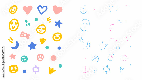 Illustration of colorful cartoon doodles including hearts stars moons and smiley faces on white background