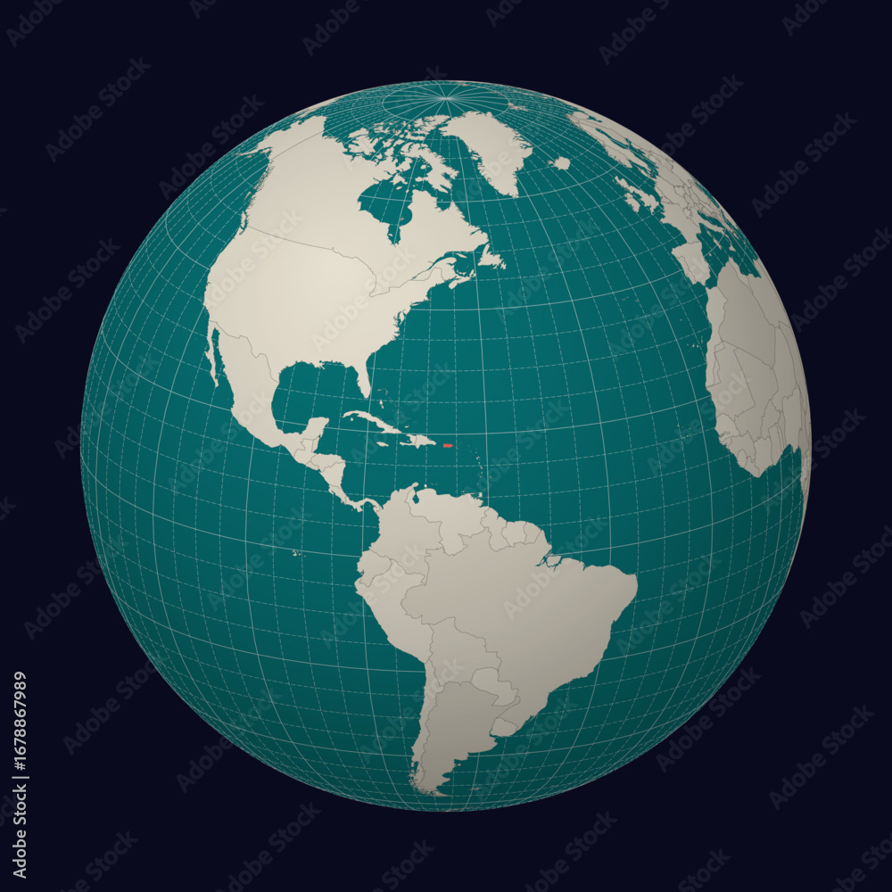 Fototapeta premium Puerto Rico on the map. Globe centered to Puerto Rico. Country location on the world map. Teal Pale Mint color palette. Globe with countries, meridians and parallels. Neat vector illustration.