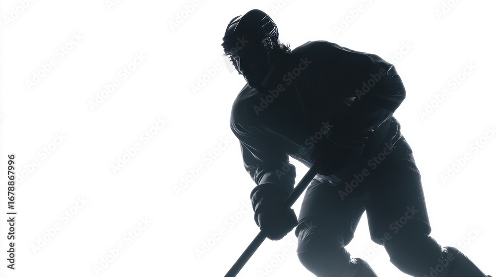 Fototapeta premium Ice Hockey Player Silhouette Skating with Stick on White Background Photo