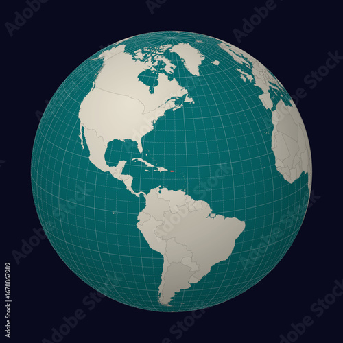 Puerto Rico on the map. Globe centered to Puerto Rico. Country location on the world map. Teal Pale Mint color palette. Globe with countries, meridians and parallels. Neat vector illustration.