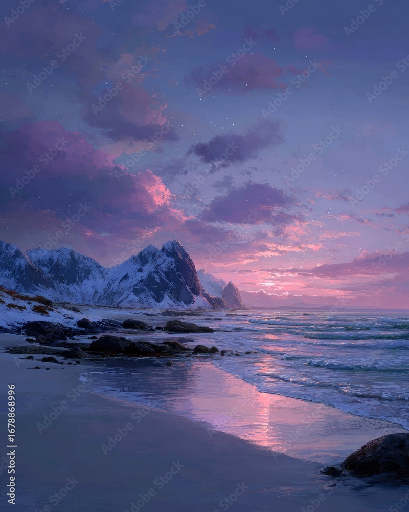 Naklejka premium Snowy, serene coastal sunset scene. Soft pink/purple hues