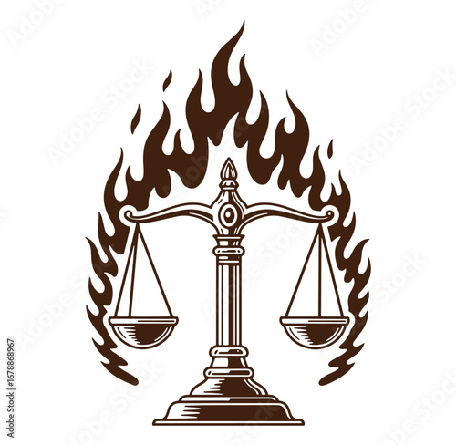 Scales of justice emblem surrounded by flames representing law ethics and judgement