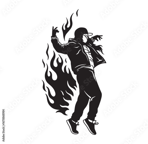Silhouette illustration of a cool rapper dancing with flames and urban hip hop style