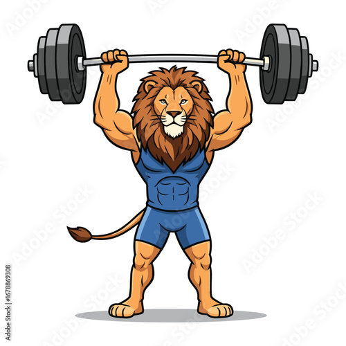 Lion cartoon character lifting heavy barbell, fitness motivation and animal strength for branding