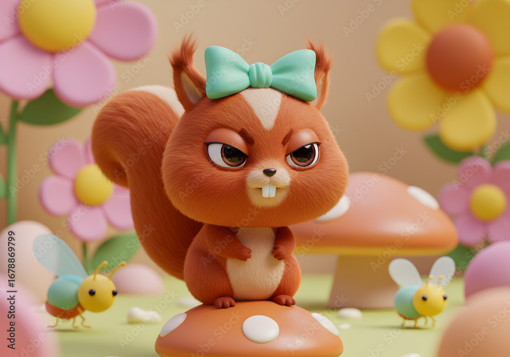 Obraz premium Cartoon squirrel character on mushroom with flowers