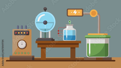 A science lab with a clock on the wall and a green beaker on a table. The lab is filled with various scientific equipment and tools