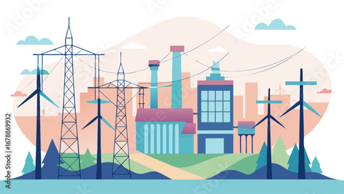 A city with a large power plant and windmills. The sky is pink and the buildings are tall