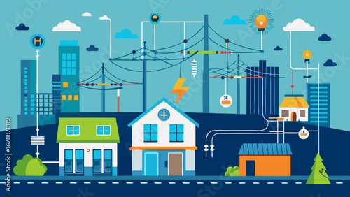 A cityscape with houses and buildings, and a lot of electrical wires. Scene is busy and bustling