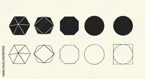 Geometric shapes progression from complex to simple, abstract design elements for modern concepts