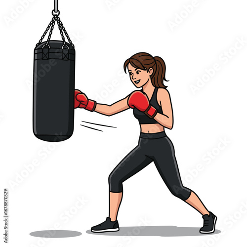 Woman Training Boxing with Punching Bag in Gym Fitness Workout Illustration Vector Design