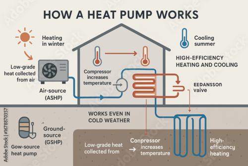 Clear vector diagram explaining heat pump functionality, showing energy transfer for heating and cooling applications in sustainable building systems.