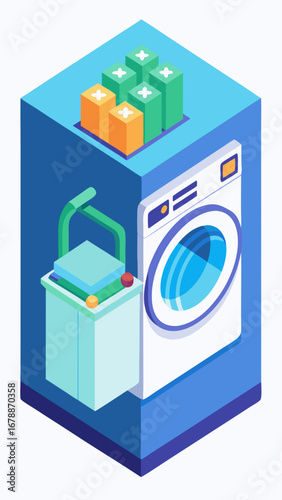 A washing machine with a green and orange box behind it. The box has a red arrow pointing to the right