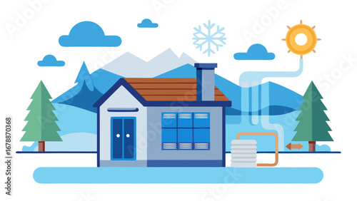 A house with a chimney and a pipe coming out of it. The house is surrounded by trees and snow
