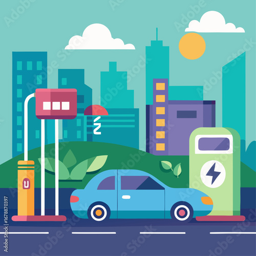 A city street with a car parked next to a charging station. The car is blue and the charging station is green