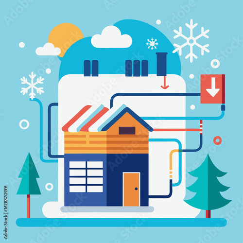 A house with a chimney and a pipe coming out of it. The house is surrounded by trees and snow