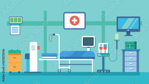 A hospital room with a bed, a computer monitor, and a TV. The room is clean and well-lit, with a sense of calm and order. The presence of medical equipment