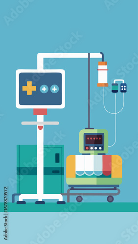 A hospital room with a bed, a computer monitor, and a TV. The room is clean and well-lit, with a sense of calm and order. The presence of medical equipment
