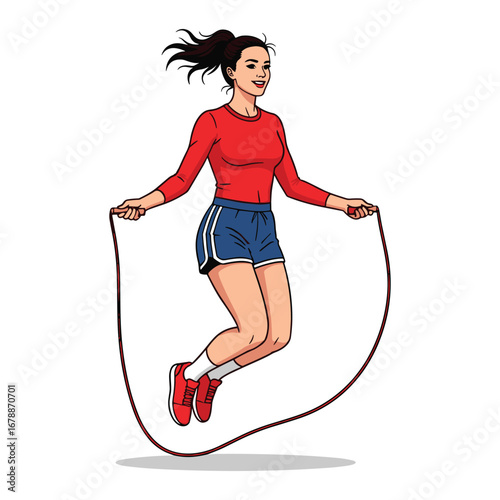 Energetic Woman Jumping Rope for Fitness: Active Lifestyle Cardio Workout Illustration