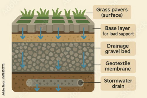 Vector cross-section diagram of permeable pavement layers showing grass pavers, gravel bed, geotextile membrane and stormwater drainage channel.