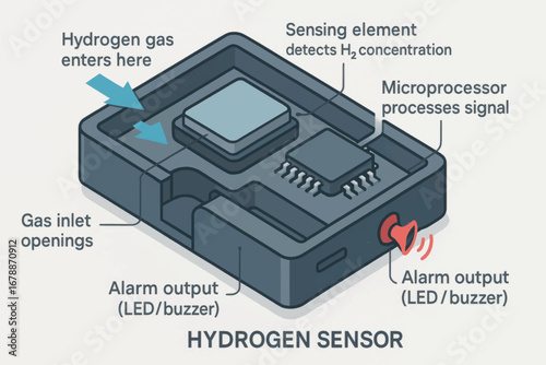 Vector illustration of hydrogen sensor device, showing detection element, microprocessor signal processing and alarm output with communication module.