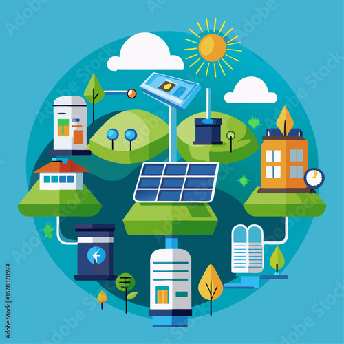 A drawing of a solar powered city with a house, a bus, and a tree. The drawing is colorful and shows the interconnectedness of the different elements in the city