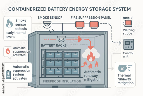 Vector infographic showing fire suppression in battery racks with thermal mitigation system, clean layout for industrial safety illustrations.