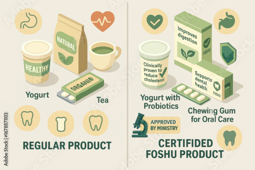 Vector diagram comparing standard and certified health food products, highlighting proven benefits with icons and labels for visual clarity.