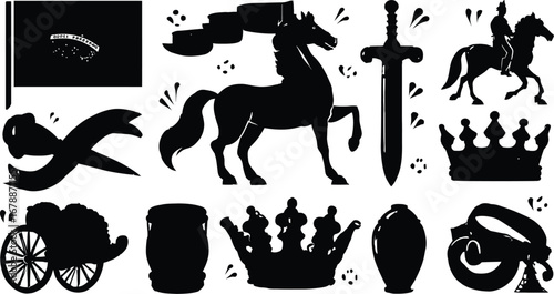 Medieval Silhouette Icon Set Featuring Royalty, Weaponry, and Heraldic Symbols