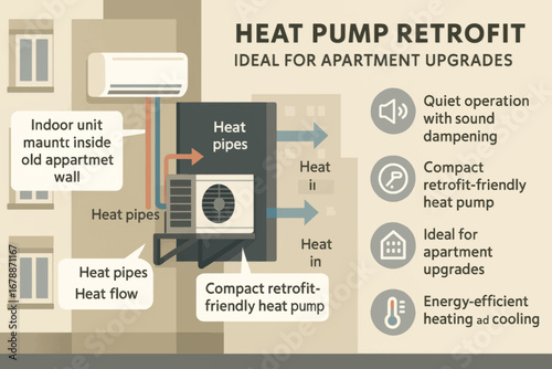 Vector illustration of retrofit heat pump system for apartments, showing compact indoor and outdoor components in energy upgrade concept.