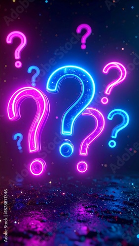 Neon question marks in a dark, glittery space