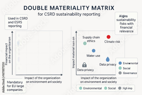 Vector diagram aligning sustainability risks with financial relevance, showing ESG factors using labeled matrix for corporate impact insights.