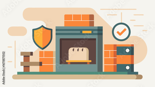 A cartoonish drawing of a toaster oven with a brick wall behind it and a shield on the left side