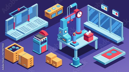 A blue and white image of a factory with a robot in the middle. The robot is surrounded by various machines and boxes. Scene is industrial and futuristic