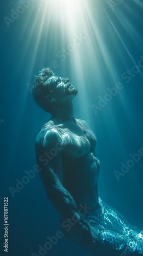Photorealistic Muscular Merman with Scaly Tail Floating Underwater Facing Sunlight, Strong Expression, Lower Third Composition with Bright Space Above for Text, Modern Minimal Commercial Look