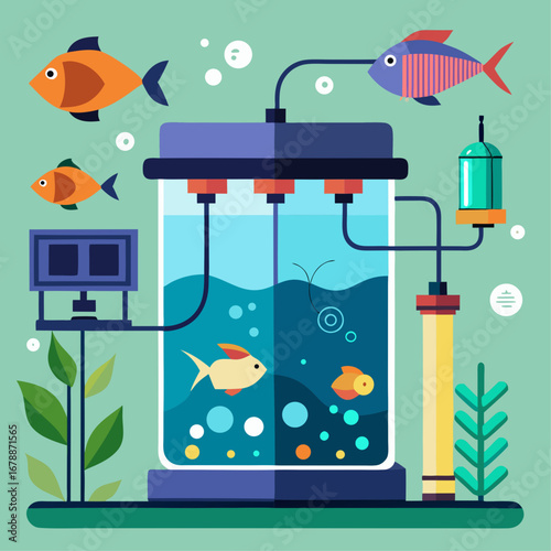 A cartoonish drawing of a fish tank with two fish in it. The tank is surrounded by various objects, including a potted plant, a clock, and a vase. Scene is playful and whimsical