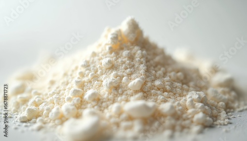 Macro view of white powdered milk with granular texture. This healthy organic ingredient, rich in protein, calcium, vitamins, is ideal for infant formula, dietary supplements, everyday nourishment.
