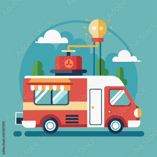 A yellow food truck with a red door and a sign that says "0" on it. The truck is parked on a street with a blue sky in the background