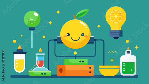 A cartoonish drawing of a smiling orange with a light bulb and a green bottle of liquid next to it