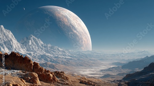 Exoplanetary vista: majestic landscape with colossal planet rising on horizon