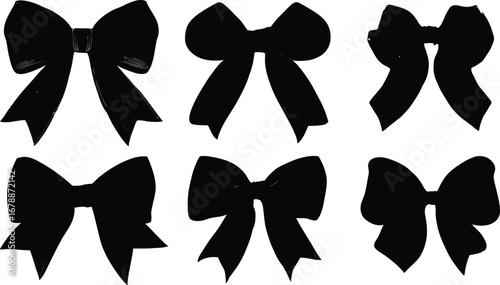 Silhouette set of six decorative bows arranged in two rows, each featuring unique ribbon shapes, loop styles, and tail lengths, representing elegance, celebration, and fashion in a minimalist black 