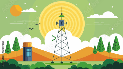 A tall tower with a satellite dish on top is surrounded by trees and a house. The sky is blue and the sun is shining brightly