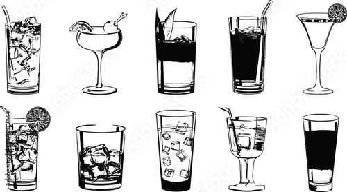 Silhouette set of twelve black-and-white illustrations of various drinking glasses, each containing unique beverages and garnishes like citrus slices, cherries, straws, and ice cubes, representing 