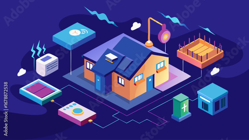 A house with a lot of electronics and appliances is shown in a blue background. The house is surrounded by a cityscape with buildings and trees. Scene is modern and futuristic