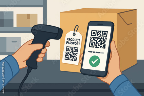 Vector artwork showing barcode scanner and phone verifying product passport on box, promoting digital traceability and scalable logistics design.