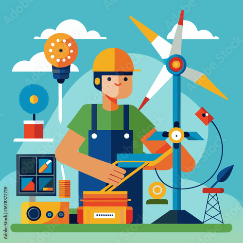 A man is working on a project with a wind turbine in the background. The man is wearing a blue shirt and a red hat
